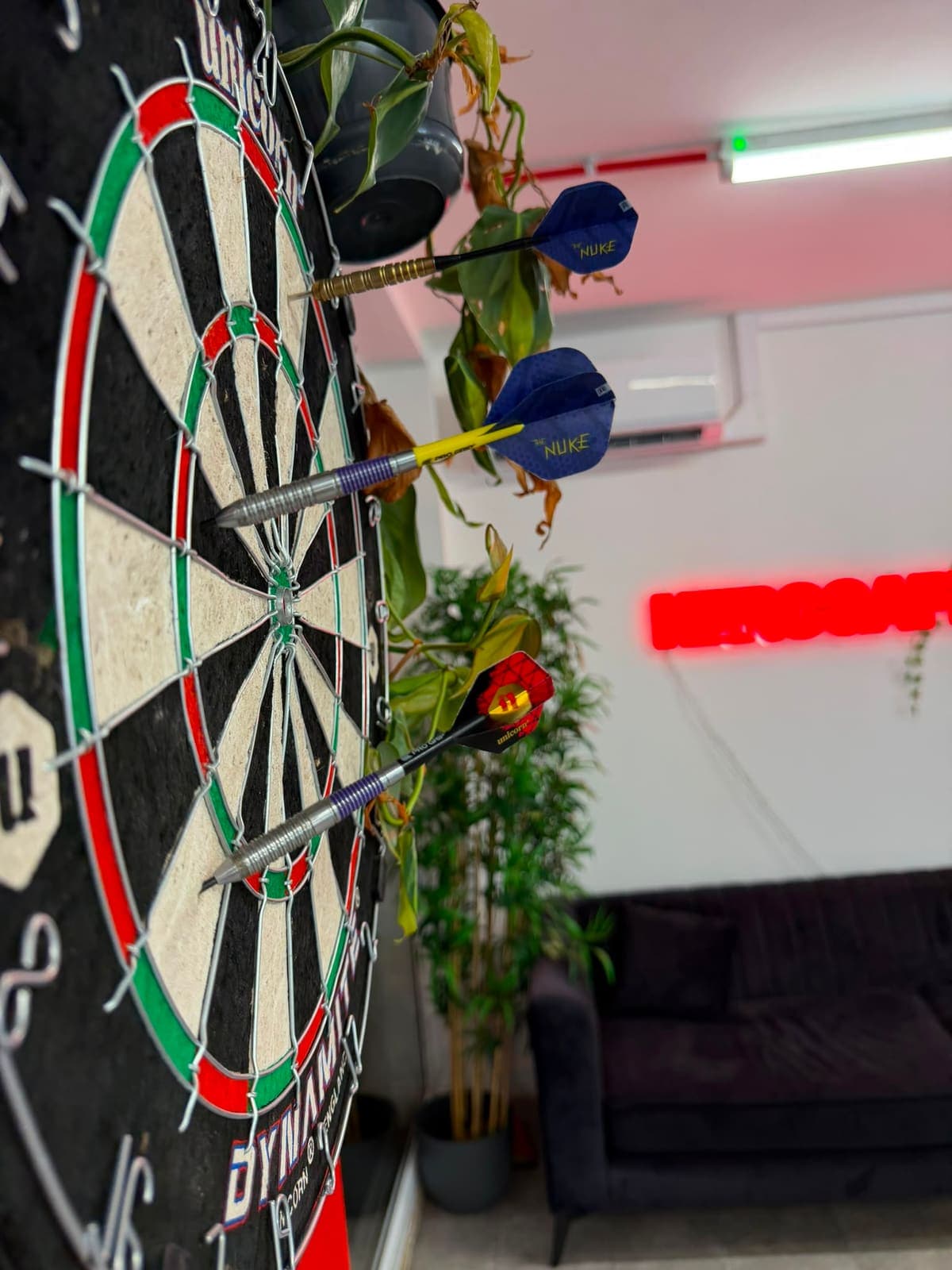 Dartboard with darts in the studio's waiting corner